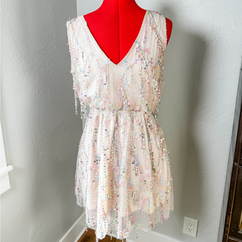 Southern Fried Chics Rainbow Sequin Fringe Pastel Party Dress Size S NWT